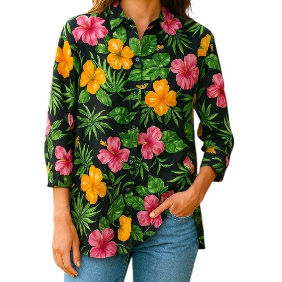 Lauren Ralph Lauren Black Tropical Floral Print Linen kimono womens Size Medium - Picture 1 of 6